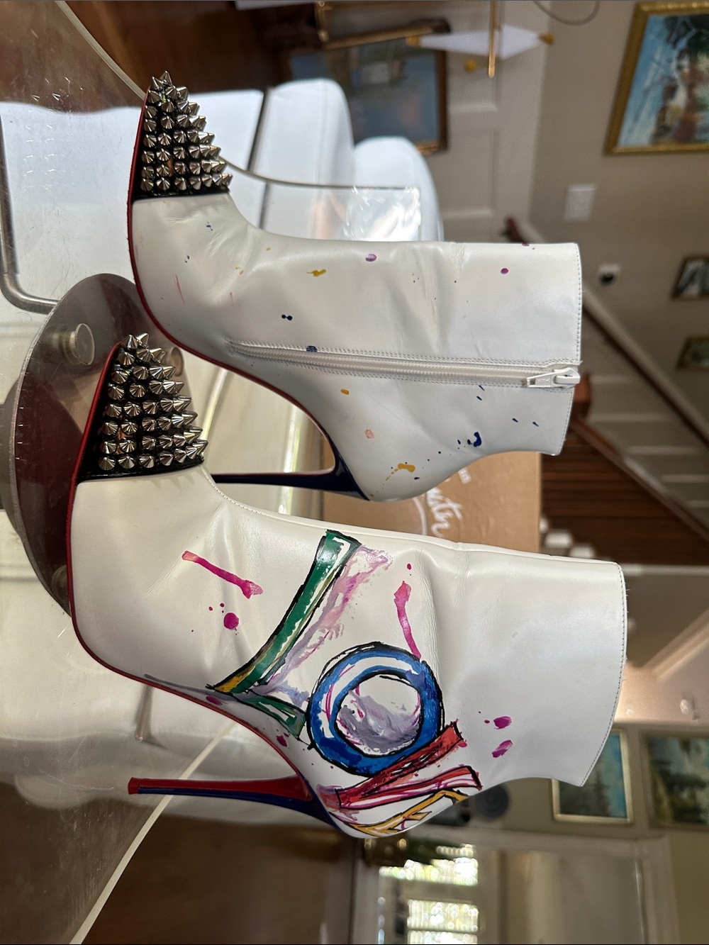 Christian Louboutin White Leather Hand-Painted Spike-Toe Ankle LOVE Boots - Picture 3 of 16